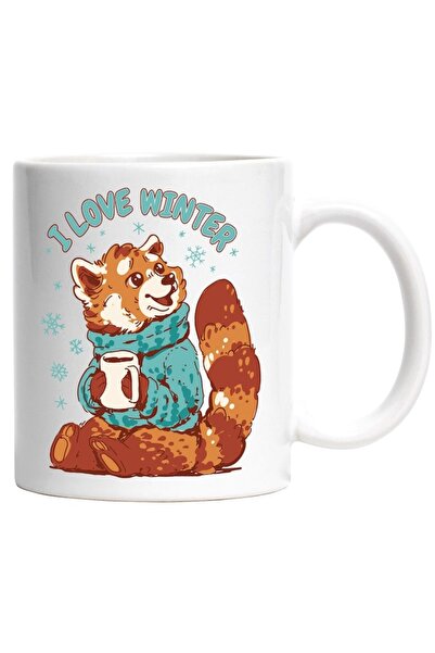 INOVATIX Cana alba personalizata, I Love Winter,Iarna,Panda Rosu,Pulover,Fulg...