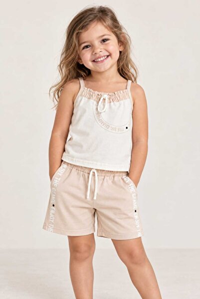 Flamingo Girls' Set with Strap Top and Drawstring Shorts with Lettering Detail
