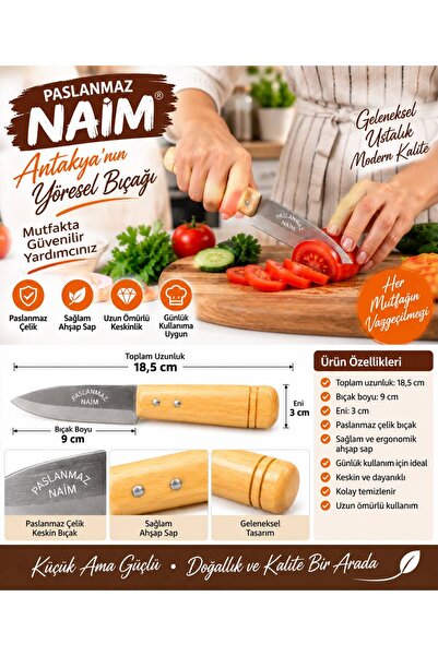TREND Paslanmaz Naim Antakya Yöresel Küçük Boy Mutfak Bıçağı 18,5 cm – Ahşap ...