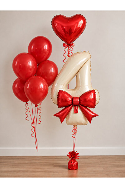 MERİ PARTİ Red Bow Birthday Balloon Set |   Number Foil Balloon, Red Heart an...