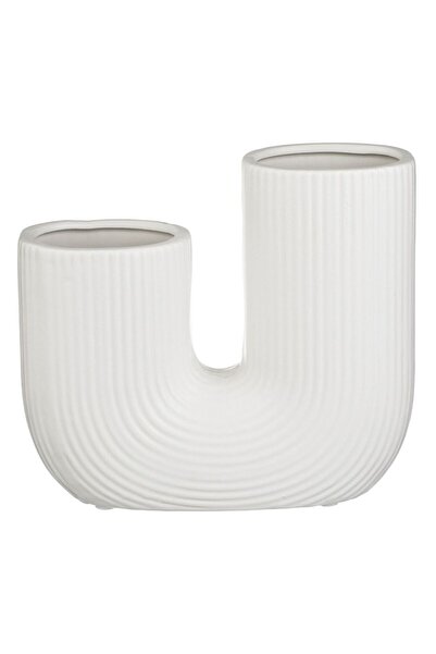 OEM Vaza Ceramica Alba Dubla cu Dungi Reliefate 18x6x16.5cm