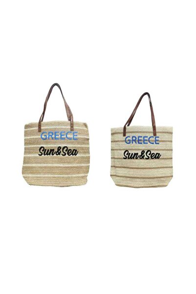 OEM Ψάθινη Τσάντα Θαλάσσης Greece Sun & Sea - Straw Beach Bag Greece Sun & Sea