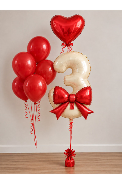 MERİ PARTİ Red Bow Birthday Balloon Set |   Number Foil Balloon, Red Heart an...