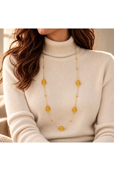 BIJUTERI Kly-1071 Yellow Jade Natural Stone Long Necklace with Gold Chain |  ...