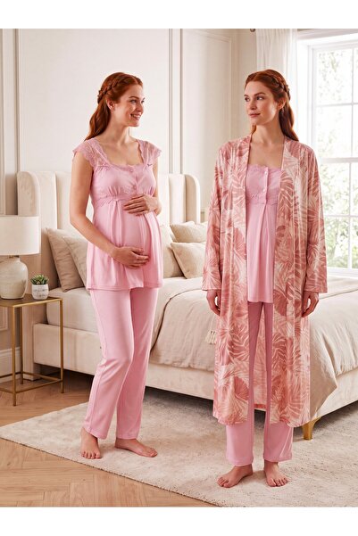 Lohussa New Season Powder Patterned Breastfeeding-Friendly Design Lace Detail...