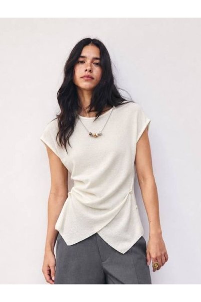 Lavinza Asymmetrical Draped Short Sleeve Knitwear Blouse