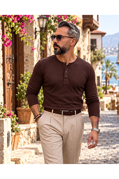 higo Erkek Henley Yaka Kaşkorse Fitilli Uzun Kollu Tişört