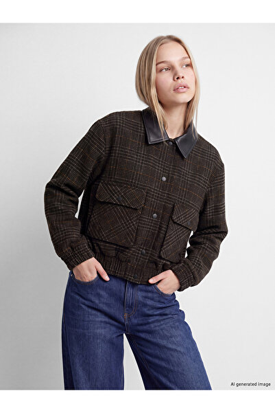 LC Waikiki Ozmarka New Season Brown Leather Collared Plaid Women's Cashmere J...