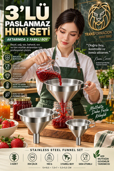 Transformacion 3’lü 18/10 304 Paslanmaz Çelik Huni Seti Mutfak Reçel Yağ Sıvı...