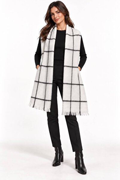 Sfg Life Moda Women's Plaid Patterned Soft Textured Tasseled Knitwear Shawl