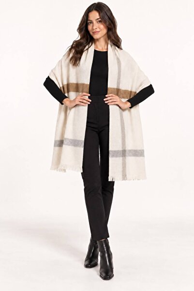 Sfg Life Moda Women's Plaid Patterned Soft Textured Tasseled Knitwear Shawl