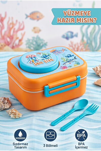 KaktüsKedi 3-Compartment Leak-Proof Children's Lunch Box - Food Container wit...