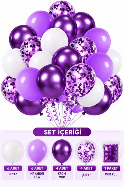 Bunloon Mor Makaron Lila Beyaz Krom Şeffaf Konfeti Balon Seti Doğum Günü Part...