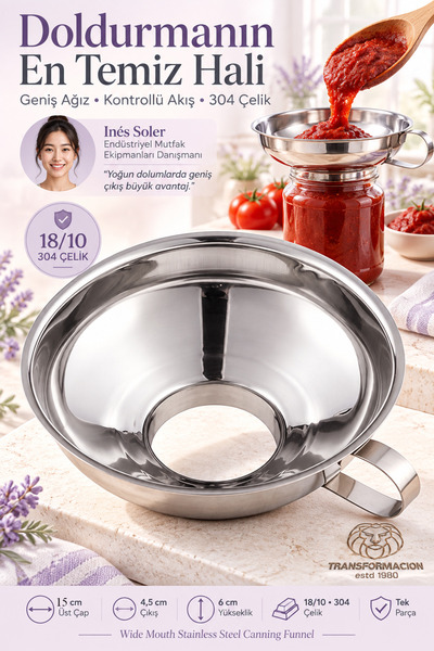 Transformacion Geniş Ağızlı Kavanoz Reçel Salça Hunisi 18 cm 18/10 304 Paslan...