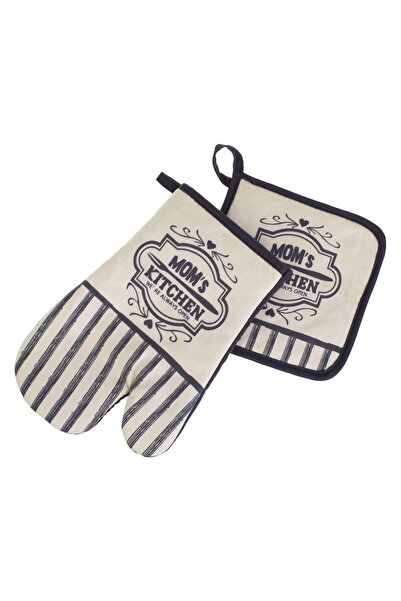 OEM Set Manusa & Servet de Bucatarie Gri cu Imprimeu "Mom's Kitchen" - 2buc