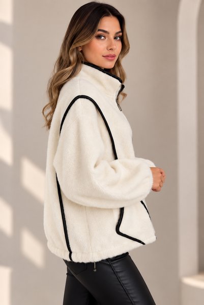 CNR TEKSTİL Women's Ecru Black Piping Detailed Stand Collar Zippered Oversize Plush Coat