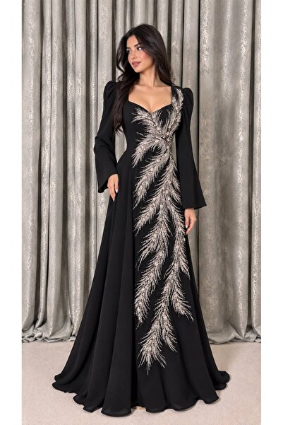 ELORA FASHION فستان سهرة أسود طويل بتطريز فضي مستوحى من الريش وأكمام طويلة