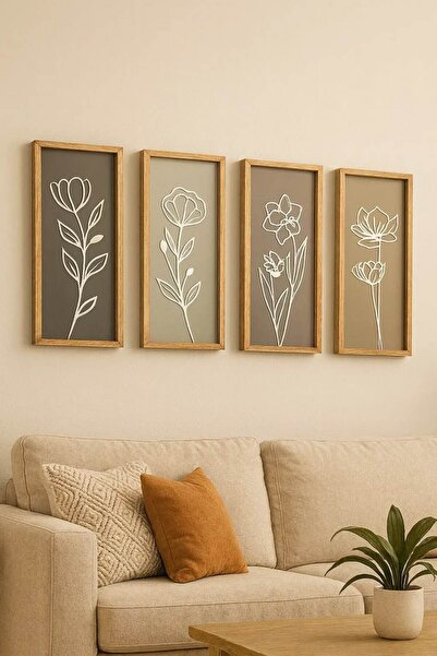 NT Handmade Natural Wood Framed 4-Piece Minimal Flower Wall Decor Painting Se...