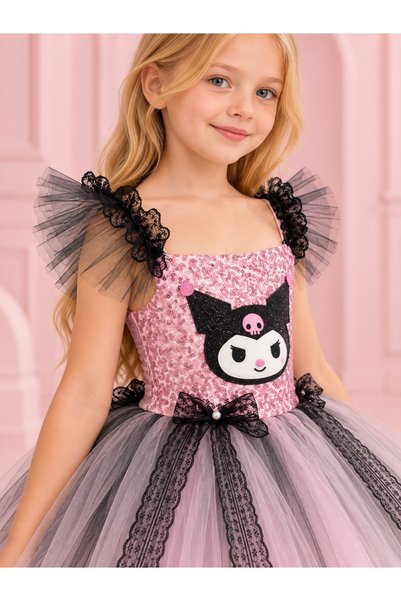 black white wedding Girls' Kuromi Themed Costume - Pink Sequined Party Dress with Black Lace Detail and Tulle Skirt Above Knee