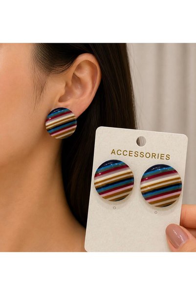VLDORO Women's Colorful Striped Round Button Earrings - Retro Chic Earrings
