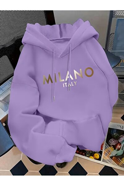 Generic Brand Γυναικείο χρυσό φούτερ Milano Italy με στάμπα γράμματα, τσέπες,...
