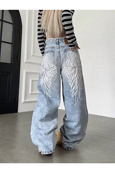 eyonnwear Y2K Harajuku Mavi Melek Kanatlı Geniş Paça Baggy Pantolon