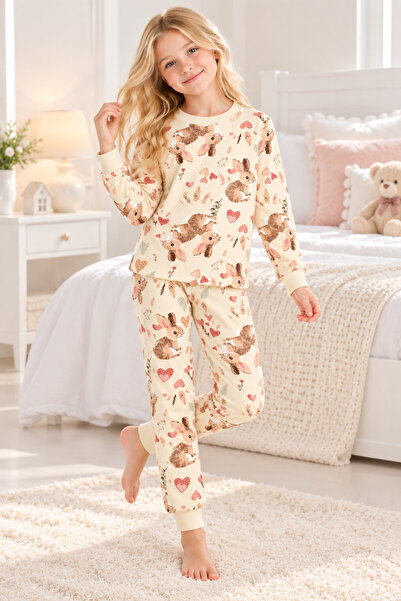 zahider Girls' 100% Cotton Cute Rabbit Pattern Long-Sleeved Soft Pajama Set