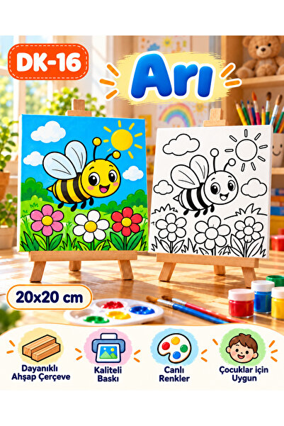 Sevimli Arı Çocuk Boyama Tuvali 20x20 cm – Ahşap Çerçeveli Kanvas