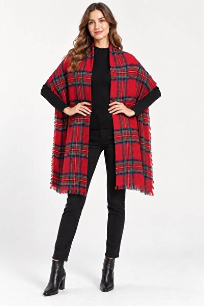 Sfg Life Moda Women's Plaid Patterned Soft Textured Tasseled Knitwear Shawl