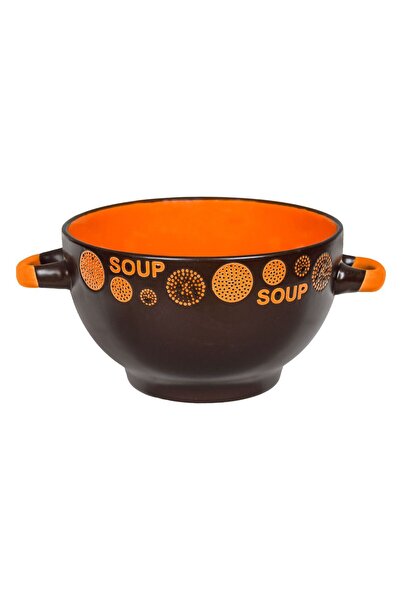 OEM Bol din Portelan Maro Portocaliu cu Model Cercuri Dots & Manere 650ml