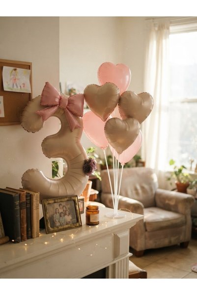 Lüks Konsept 3 Yaş Doğum Günü Balon Seti | Krem ve Pembe Kalp Balon, Fiyonklu Rakam Balon