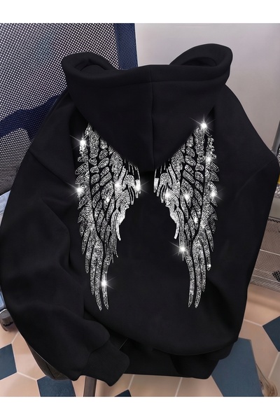 one button Unisex Melek Kanat Baskılı Premium Kapüşonlu Şardonlu 2 İplik Over...