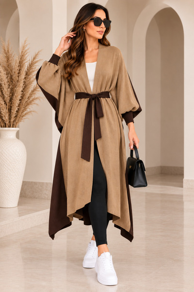CNR TEKSTİL Kadın Çift Renk Kuşaklı Oversize Uzun Triko Kimono Hırka
