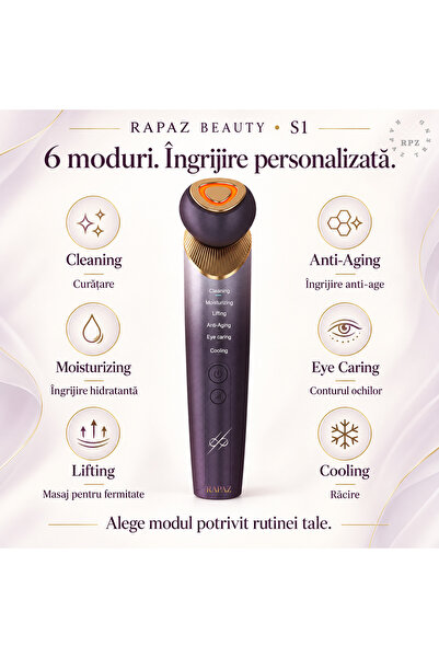 RAPAZ TREND RPZ Aparat de îngrijire facială RAPAZ Beauty S1, 6 moduri, curățare, masaj facial, încălzire și răcire, lumină LED, 3 trepte de intensitate, USB-C, Violet/Auriu