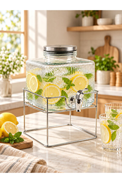 Genel Markalar 2.5 Litre Cam İçecek Sebili Musluklu Metal Standlı Limonata Di...