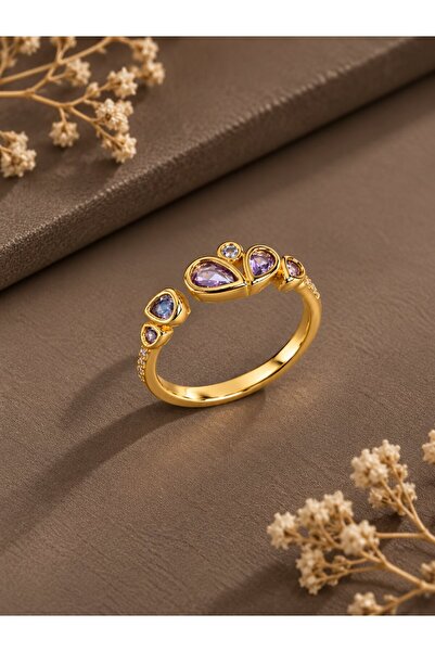 serelya Gold Color Purple Drop Zircon Stone Women's Ring