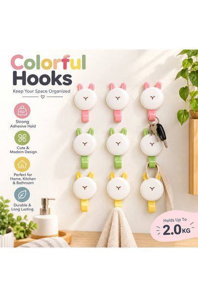 Home By SS 9-Piece Colorful Bunny Adhesive Wall Hooks, Strong Stick-On Hooks for Kitchen, Bathroom, Bedroom and Keys, Up to 2KG