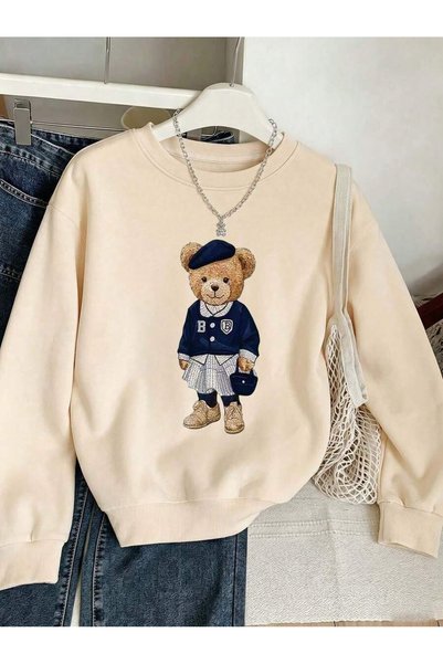 OVER HEAD Women's Cute Combination Teddy Bear Printed Bicycle Sweatshirt