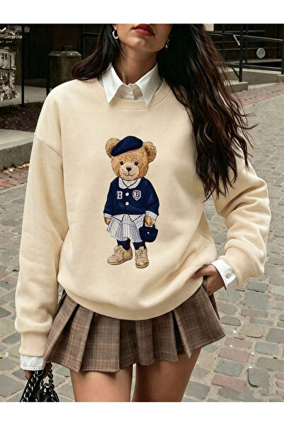 OVER HEAD Kadın Sevimli Kombin Ayıcık Basklı Bisikletyaka Sweatshirt
