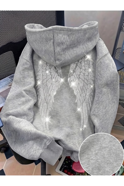 one button Unisex Melek Kanat Baskılı Premium Kapüşonlu Şardonlu 2 İplik Over...