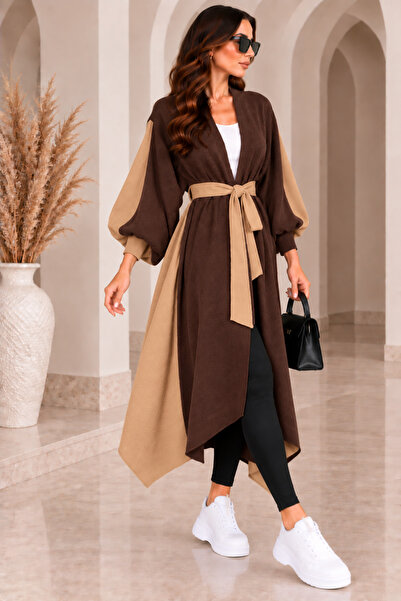 CNR TEKSTİL Kadın Çift Renk Kuşaklı Oversize Uzun Triko Kimono Hırka