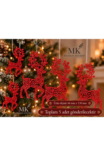 MK DESIGN STUDIO 5’li Yılbaşı Geyik Süsü Seti – Noel Ağacı İçin Dekoratif 3D ...