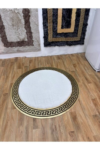 SANCAK DERİ HALI LÜKS GOLD VARAKLI EKRU YUVARLAK PELUŞ HALI