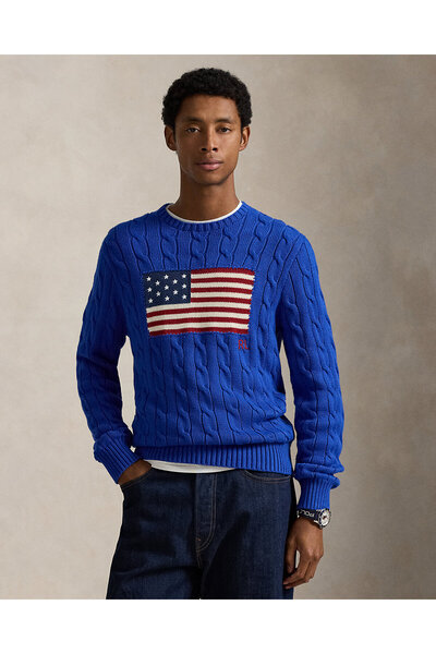 Ralph Lauren Blue Örgü Desenli İkonik Bayrak İşlemeli Kazak