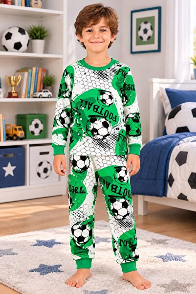 Maviş Kids Erkek Çocuk %100 Pamuklu Beyaz Yeşil Top Desenli Uzun Kollu Pijama...