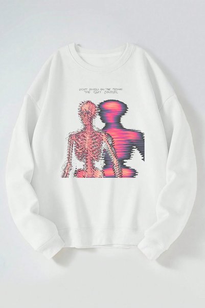Vento Luna You Cant Control Front Printed White Crew Neck Sweatshirt