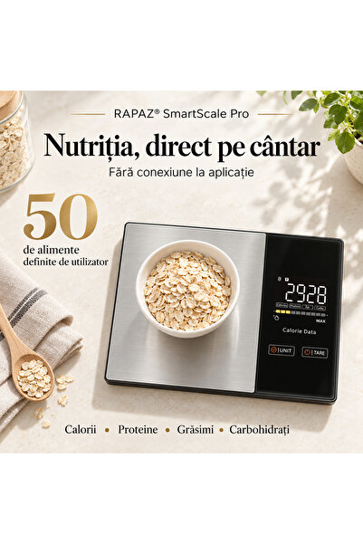 RAPAZ TREND RPZ Cântar de bucătărie inteligent RAPAZ® SmartScale Pro, Bluetooth, calorii și macronutrienți, capacitate 5 kg, funcție TARA, Negru/Argintiu