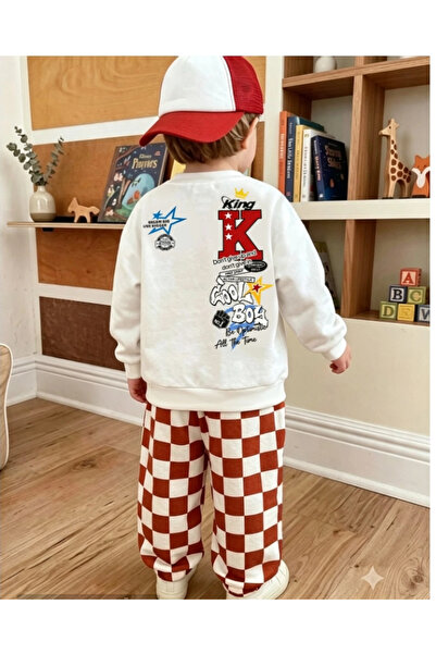 Merry Store ERKEK ÇOCUK HARF BASKILI SWEATŞHIRT KARE BASKILII PANTOLONLU TAKIM