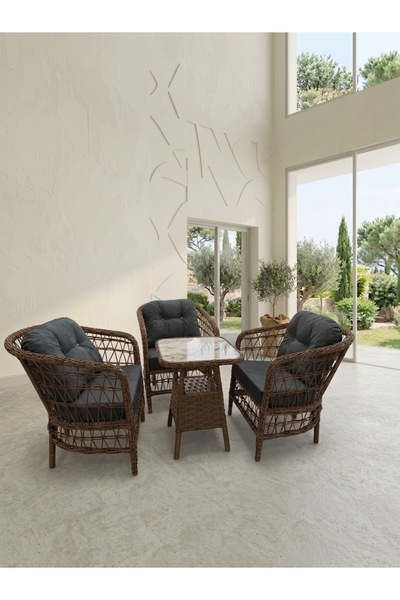 1+1+1 LİDYA Rattan Balkon Ve Bahçe Takımı 2 adet Puf Hediyeli