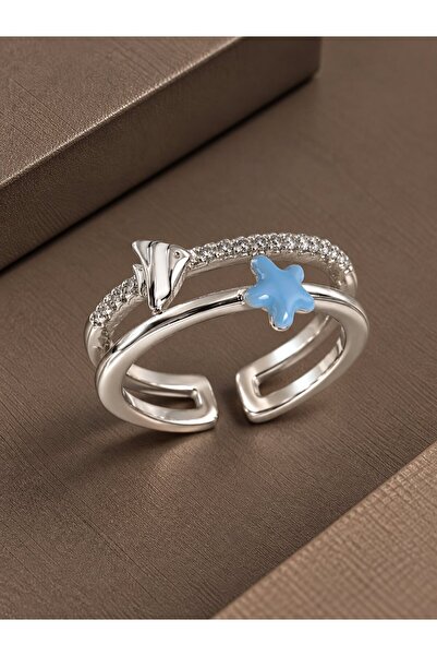 serelya Brass Silver Color 2 Piece Zircon Stone Blue Star Figure Adjustable W...